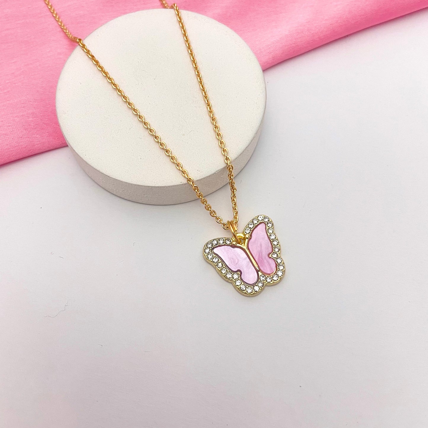Waterproof Stone Studded Pink Butterfly Necklace - DropShp
