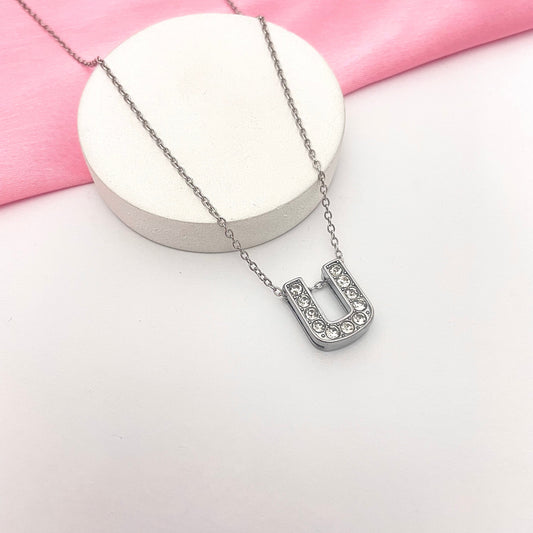 Alphabet U Initial Pendant Silver Necklace - DropShp