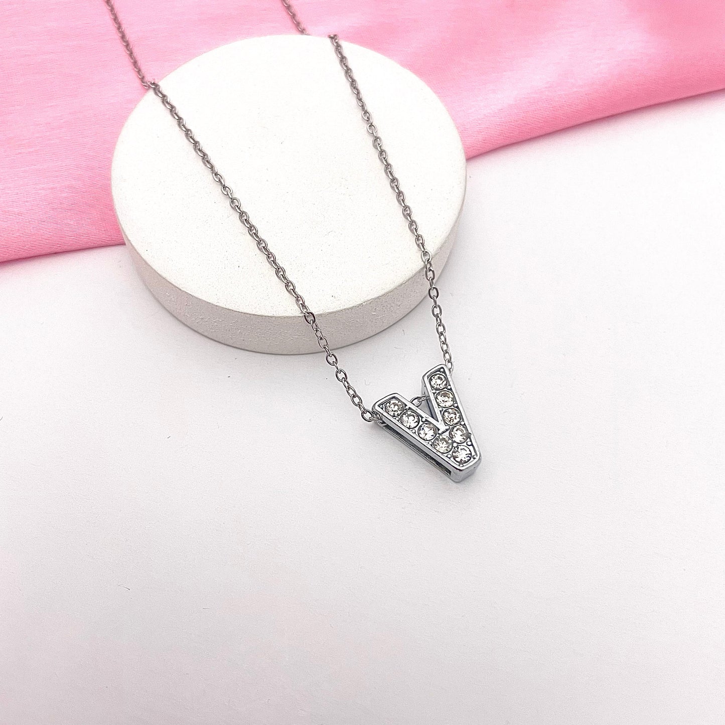 Alphabet V Initial Pendant Silver Necklace - DropShp