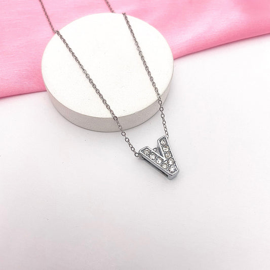 Alphabet V Initial Pendant Silver Necklace - DropShp