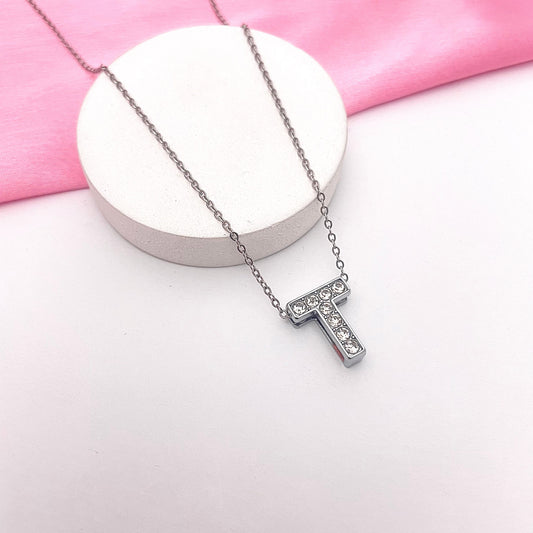 Alphabet T Initial Pendant Silver Necklace - DropShp