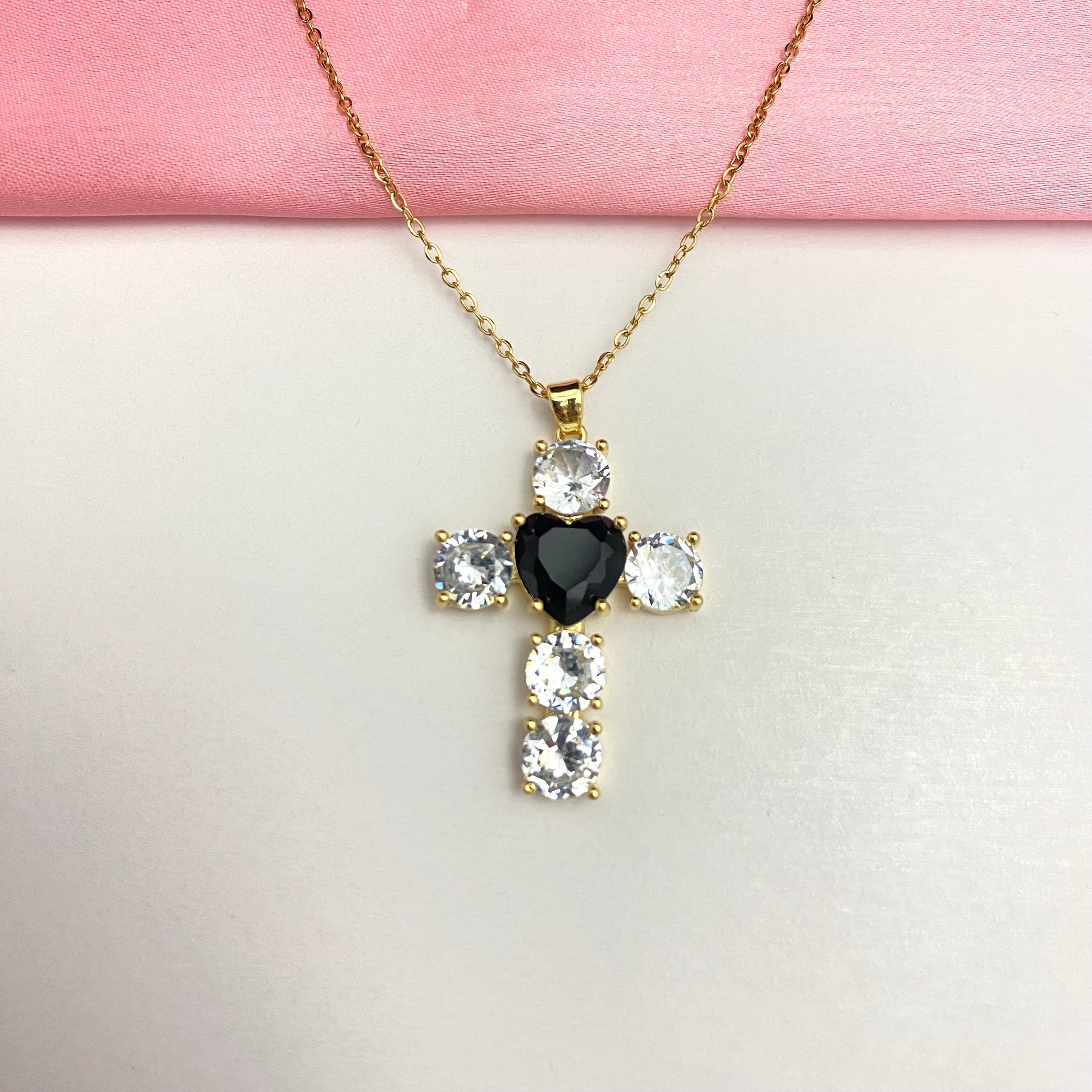Stainless Steel Golden Cross Necklace With Black Heart - DropShp