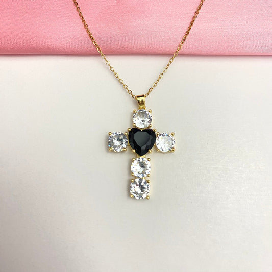 Stainless Steel Golden Cross Necklace With Black Heart - DropShp