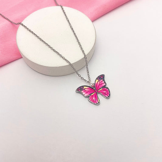 Waterproof Pink Black Butterfly Charm Necklace (Silver) - DropShp