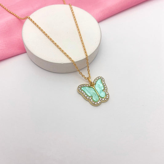Waterproof Sea Green Stone Studded Butterfly Necklace - DropShp