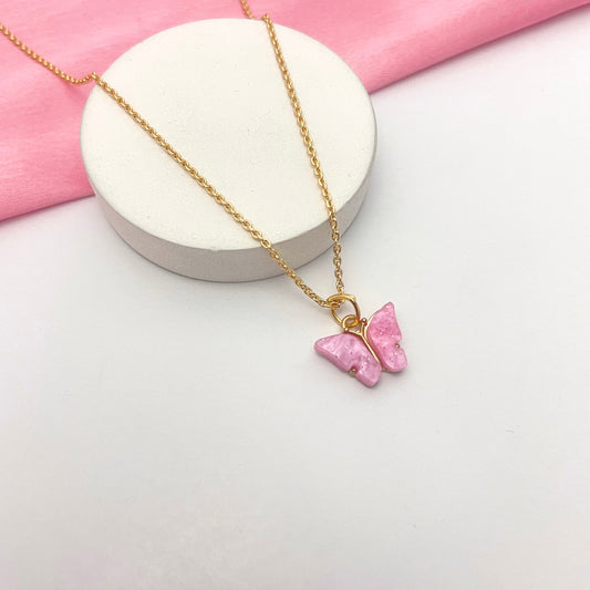 Glitter Pink Acrylic Butterfly Necklace (Waterproof) - DropShp