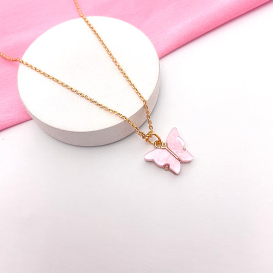 Pink Acrylic Butterfly Charm Necklace (Golden) - DropShp