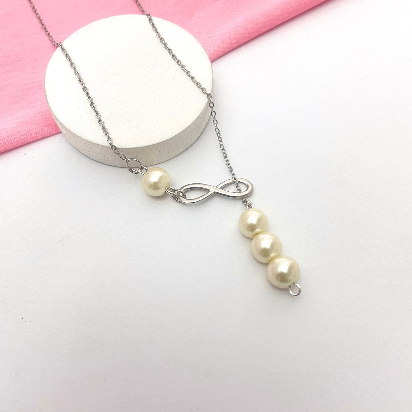 Silver Stainless Steel Infinity With Pearl Charm Necklace - DropShp
