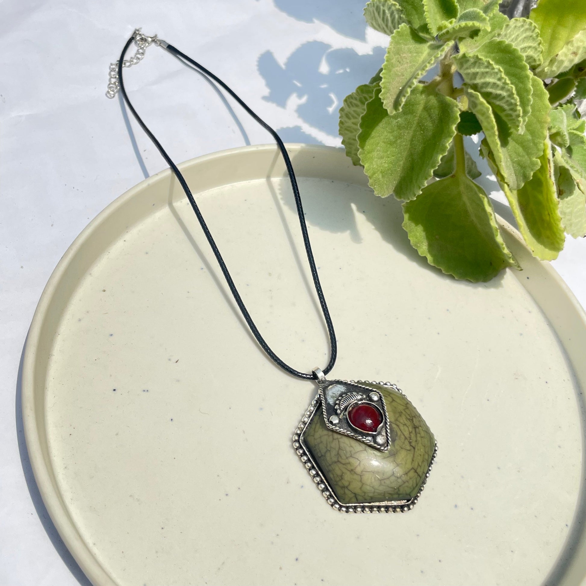 Silver Green Gemstone Oxidised Brass Antique Necklace With Adjustable Rope Chain - DropShp