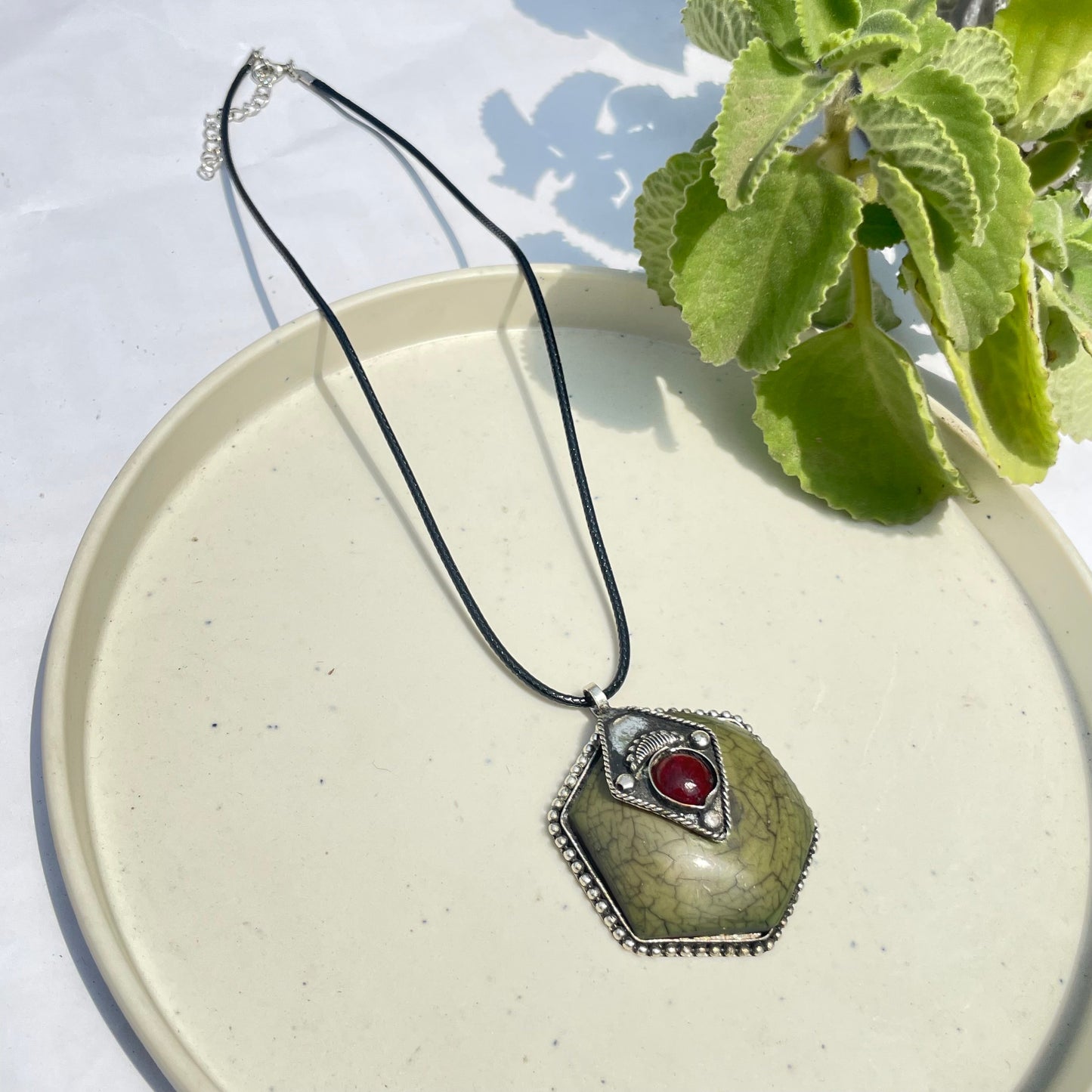 Silver Green Gemstone Oxidised Brass Antique Necklace With Adjustable Rope Chain - DropShp