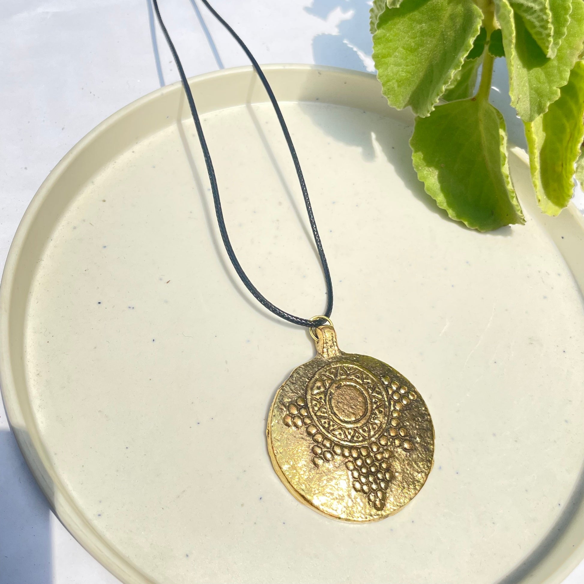 Golden Round Oxidised Brass Antique Necklace With Adjustable Rope Chain - DropShp