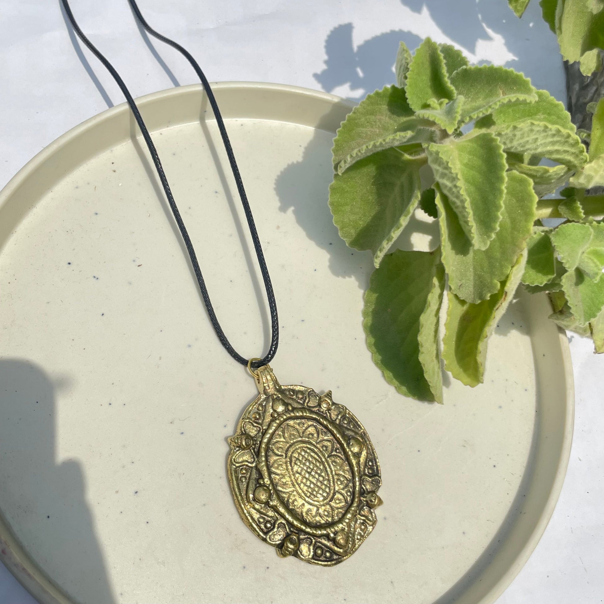 Golden Oval Oxidised Brass Antique Necklace With Adjustable Rope Chain - DropShp