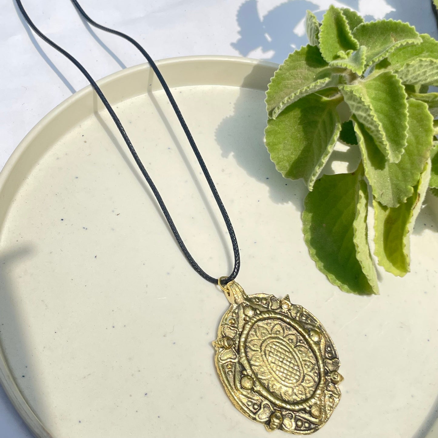 Golden Oval Oxidised Brass Antique Necklace With Adjustable Rope Chain - DropShp