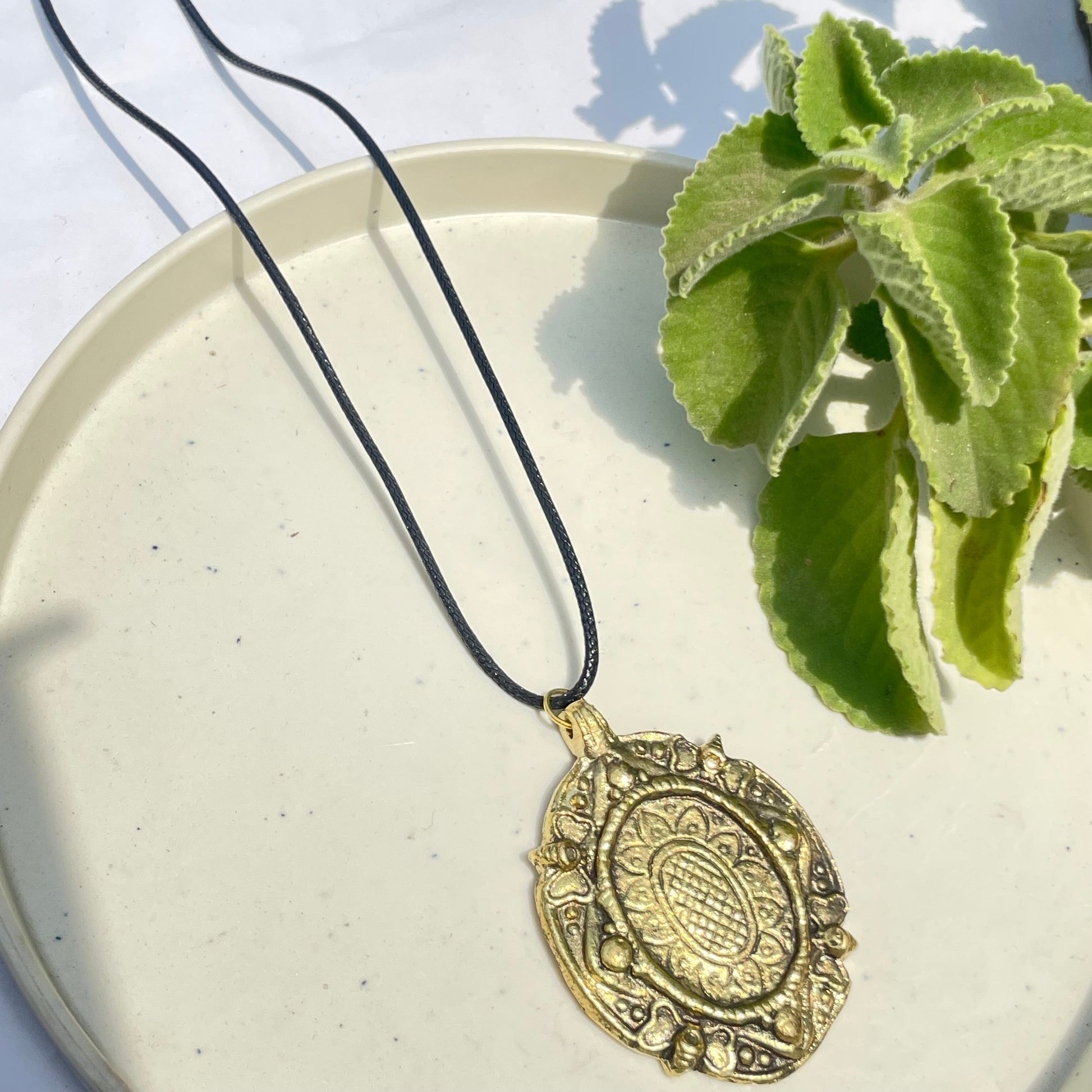 Golden Oval Oxidised Brass Antique Necklace With Adjustable Rope Chain - DropShp