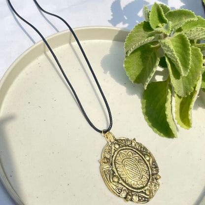 Golden Oval Oxidised Brass Antique Necklace With Adjustable Rope Chain - DropShp