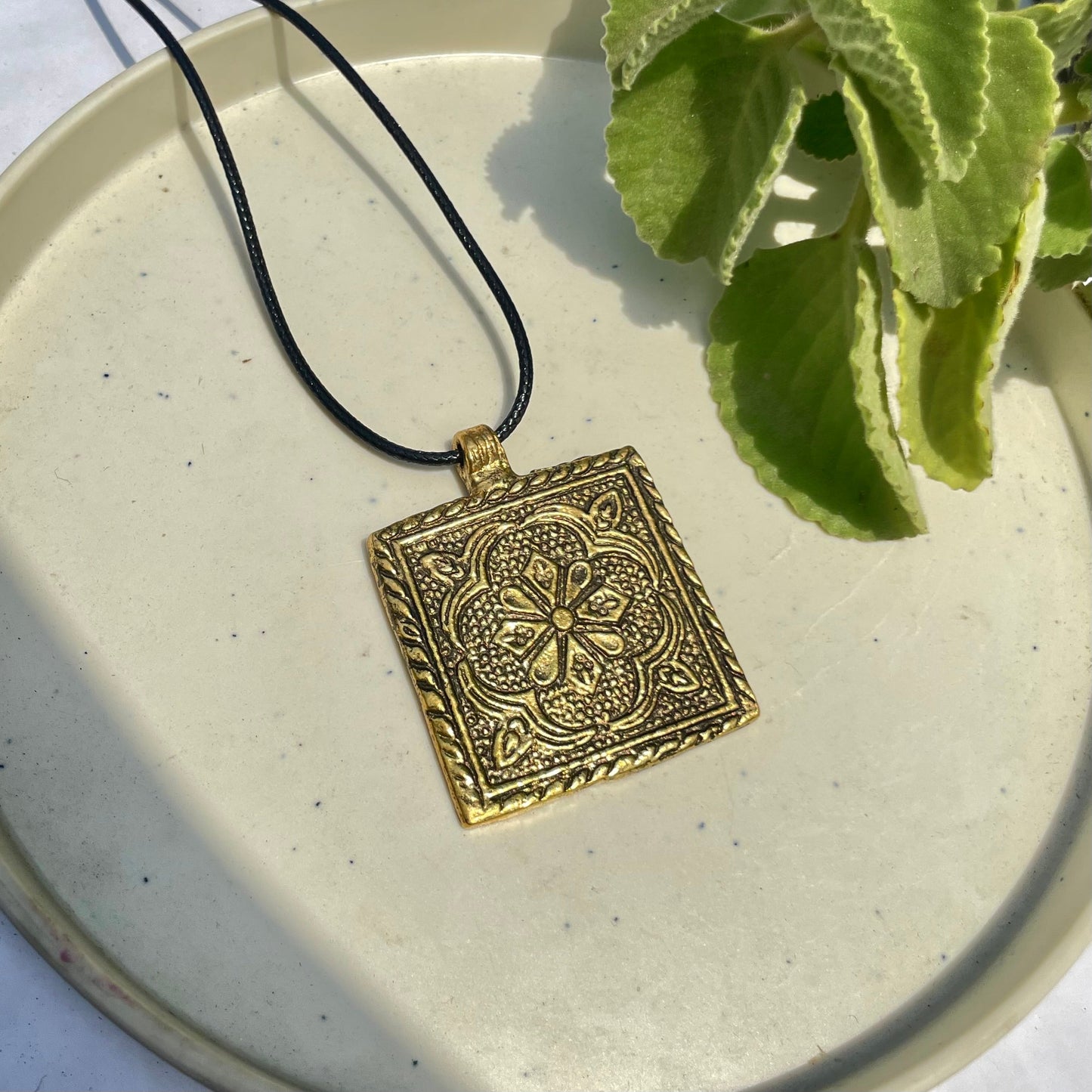 Golden Square Shape Oxidised Brass Antique Necklace With Adjustable Rope Chain - DropShp