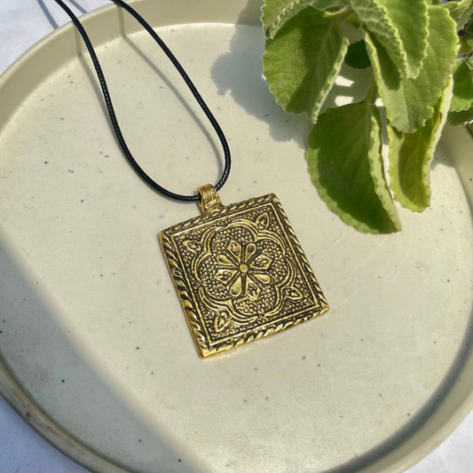 Golden Square Shape Oxidised Brass Antique Necklace With Adjustable Rope Chain - DropShp