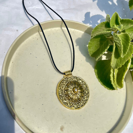 Golden Round Shape Oxidised Brass Antique Necklace With Adjustable Rope Chain - DropShp
