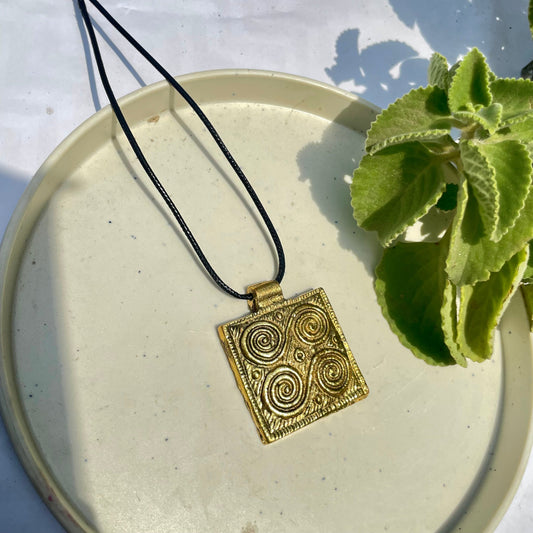 Golden Square Shape Oxidised Brass Antique Necklace With Adjustable Rope Chain - DropShp