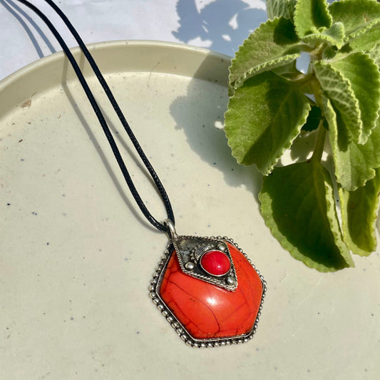Silver Orange Stone Oxidised Boho Brass Antique Necklace With Adjustable Rope Chain - DropShp