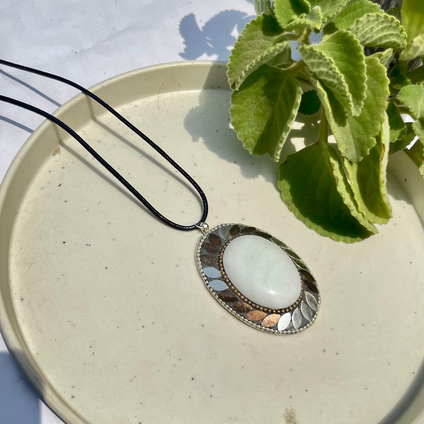 Silver White Stone Oxidised Boho Brass Antique Necklace With Adjustable Rope Chain - DropShp