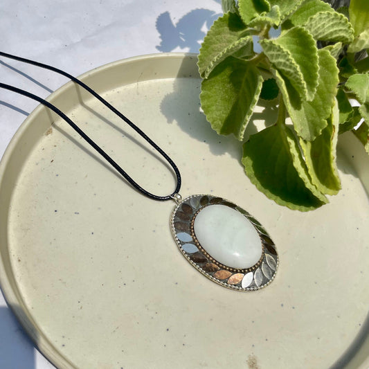 Silver White Stone Oxidised Boho Brass Antique Necklace With Adjustable Rope Chain - DropShp