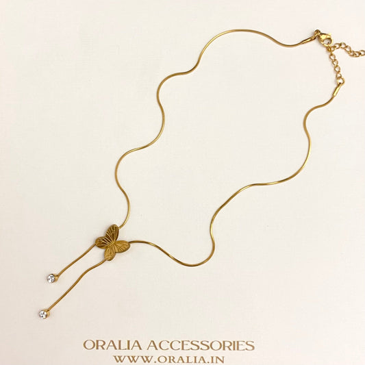 Stainless Steel Golden Butterfly Necklace With Drop Stones - DropShp