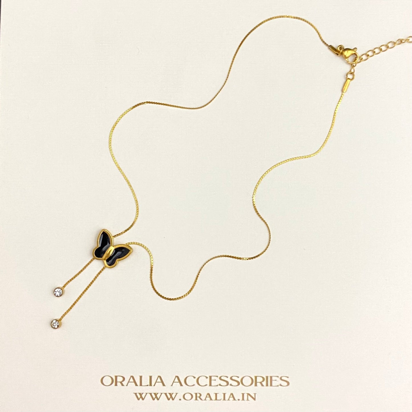 Stainless Steel Golden Black Butterfly Necklace With Drop Stones - DropShp