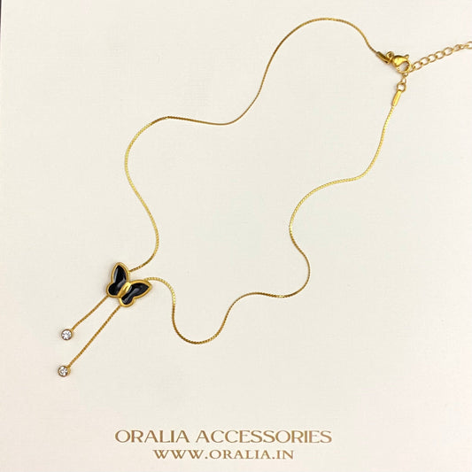 Stainless Steel Golden Black Butterfly Necklace With Drop Stones - DropShp