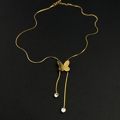 Stainless Steel Golden Butterfly Necklace With Drop Stones - DropShp