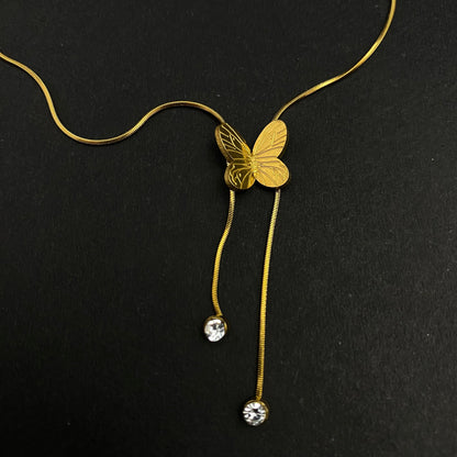 Stainless Steel Golden Butterfly Necklace With Drop Stones - DropShp