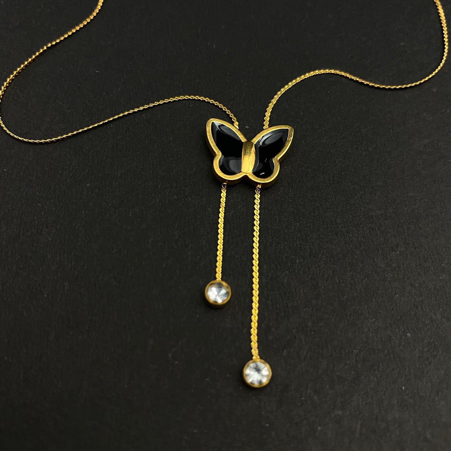 Stainless Steel Golden Black Butterfly Necklace With Drop Stones - DropShp
