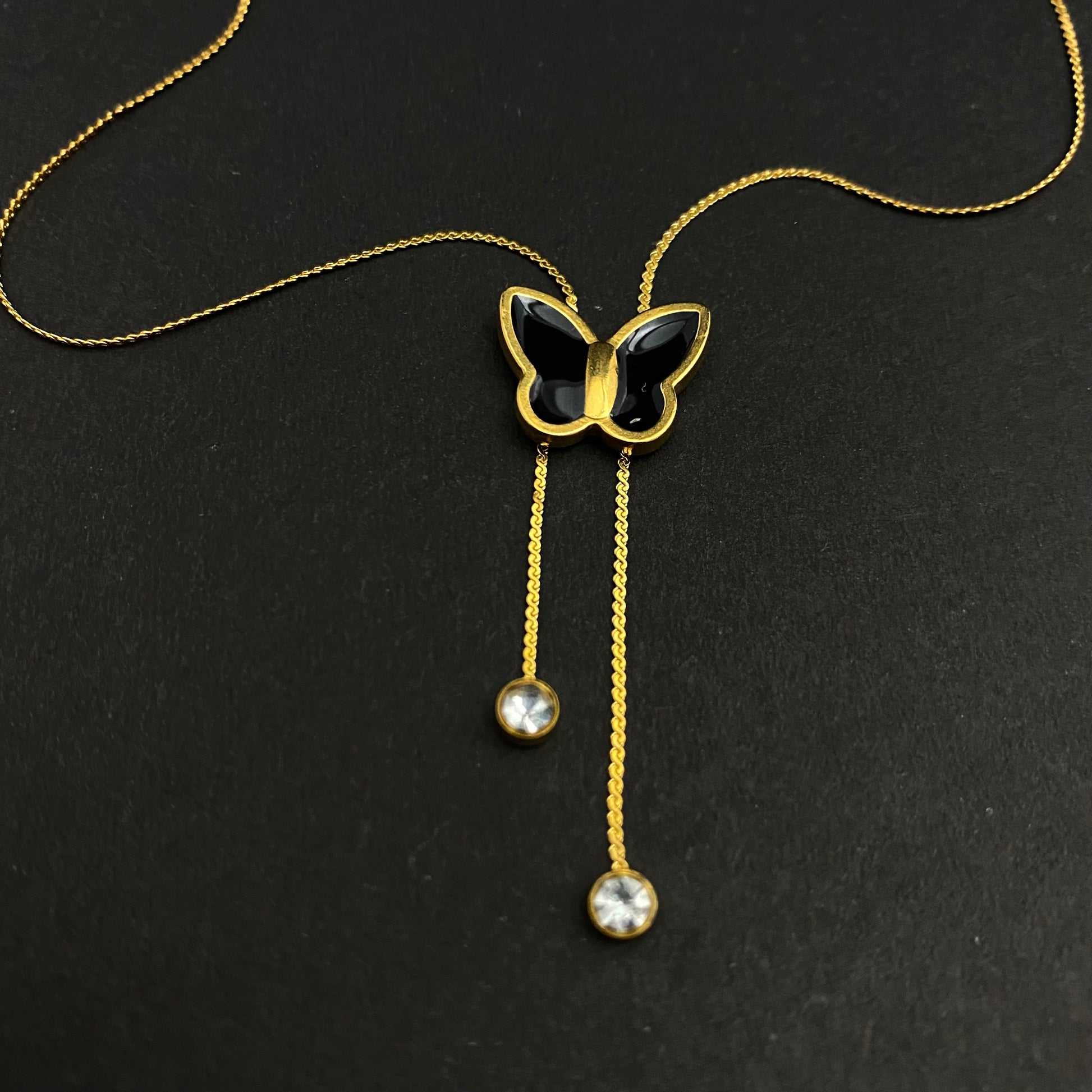 Stainless Steel Golden Black Butterfly Necklace With Drop Stones - DropShp