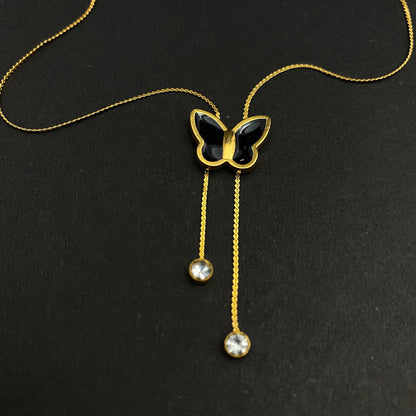 Stainless Steel Golden Black Butterfly Necklace With Drop Stones - DropShp