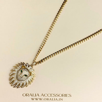 Golden Copper Stone Studded Rhinestone Lion Head Pendant Necklace With Stainless Steel Chain - DropShp