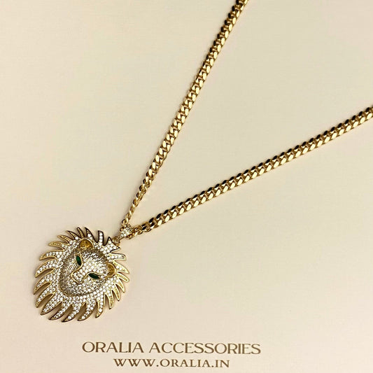 Golden Copper Stone Studded Rhinestone Lion Head Pendant Necklace With Stainless Steel Chain - DropShp