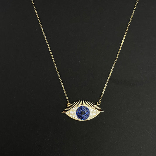 Golden Copper Stone Studded Rhinestone Evil Eye Necklace With Stainless Steel Chain - DropShp