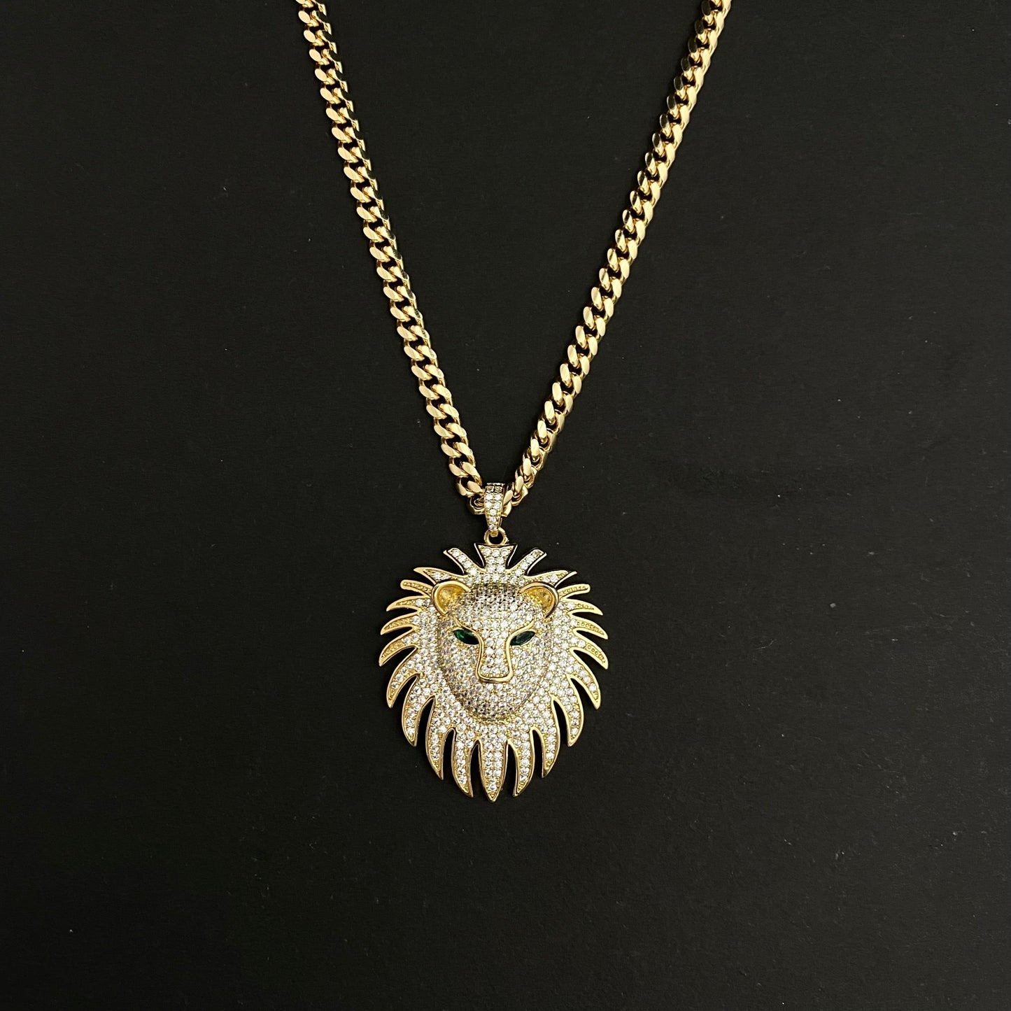 Golden Copper Stone Studded Rhinestone Lion Head Pendant Necklace With Stainless Steel Chain - DropShp