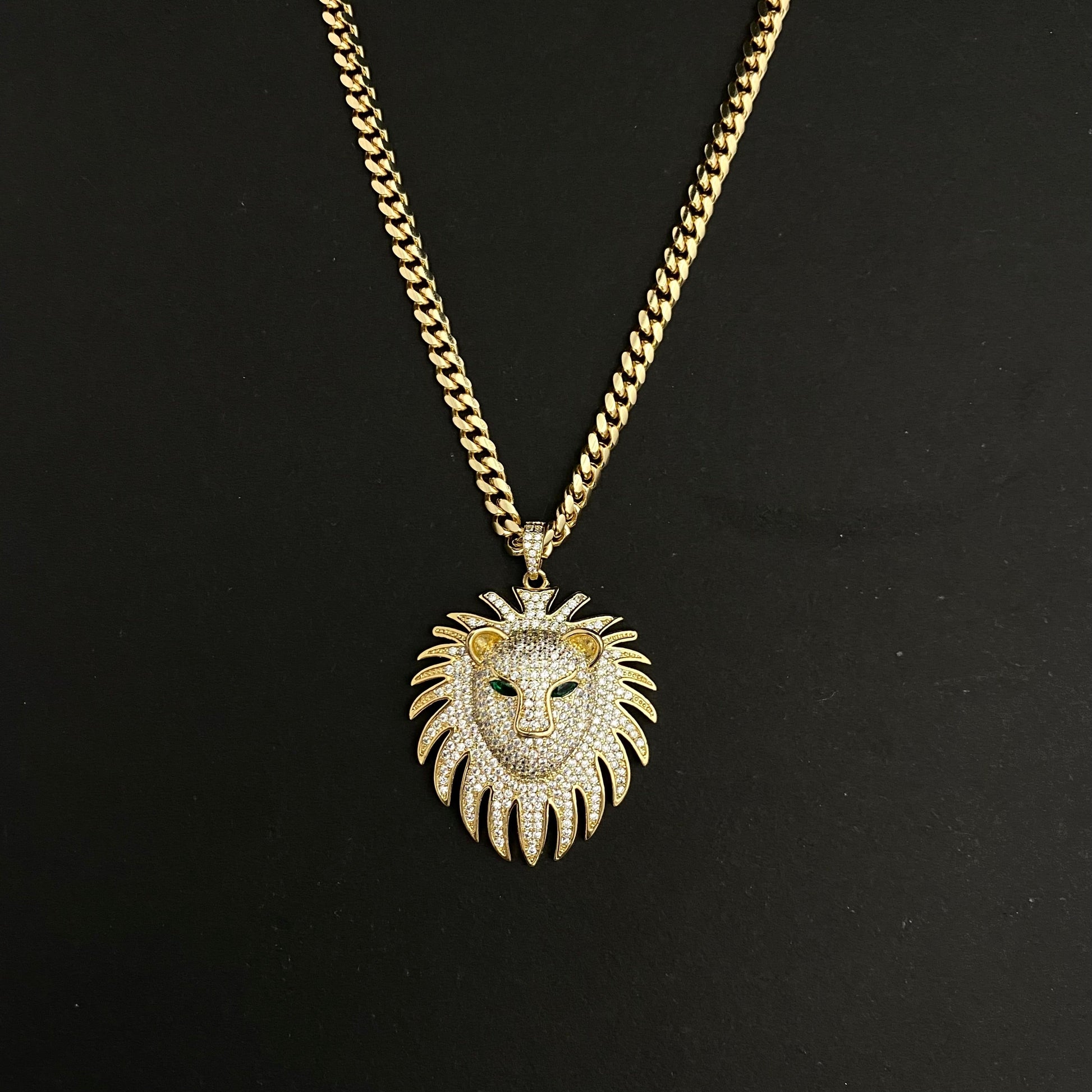 Golden Copper Stone Studded Rhinestone Lion Head Pendant Necklace With Stainless Steel Chain - DropShp