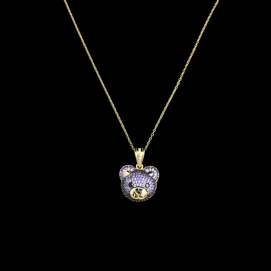 Golden Copper Stone Studded Rhinestone Purple Bear Pendant Necklace With Stainless Steel Chain - DropShp