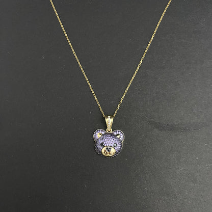 Golden Copper Stone Studded Rhinestone Purple Bear Pendant Necklace With Stainless Steel Chain - DropShp