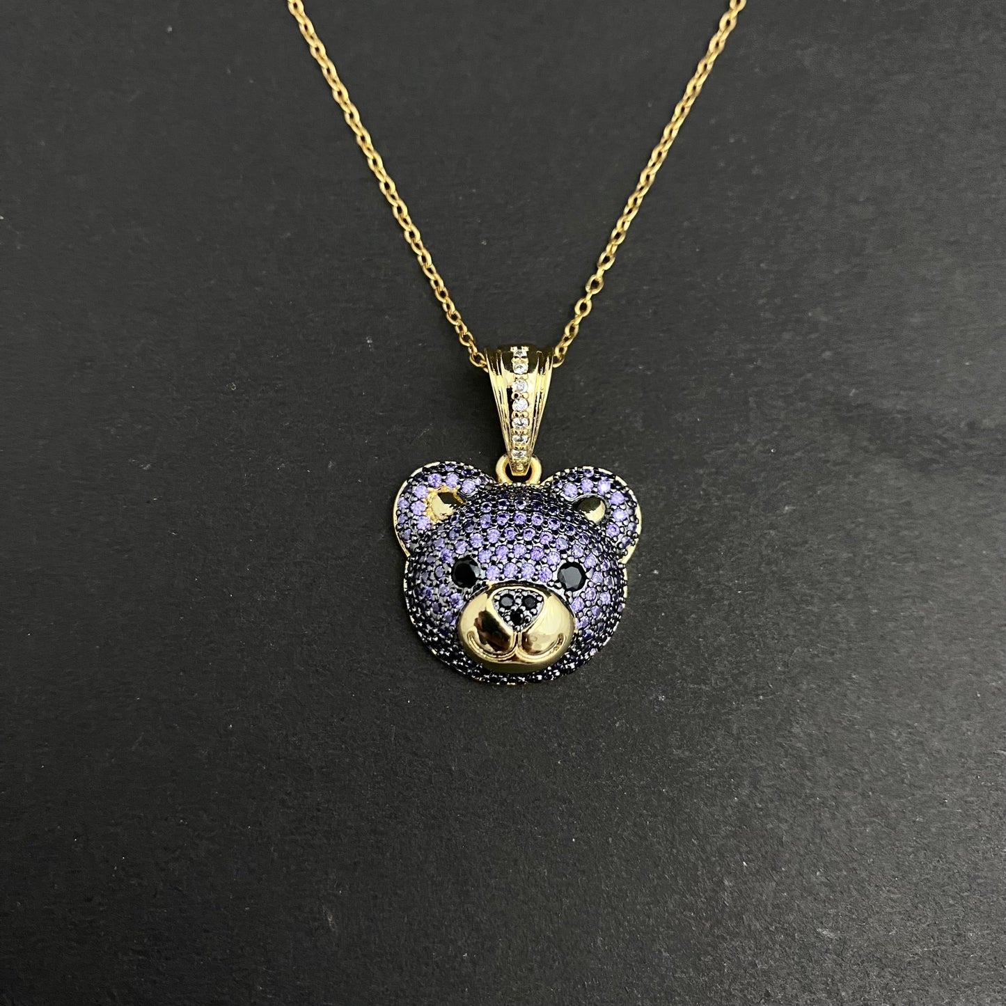 Golden Copper Stone Studded Rhinestone Purple Bear Pendant Necklace With Stainless Steel Chain - DropShp