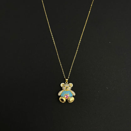 Golden Copper Stone Studded Blue Bear Pendant Necklace With Stainless Steel Chain - DropShp