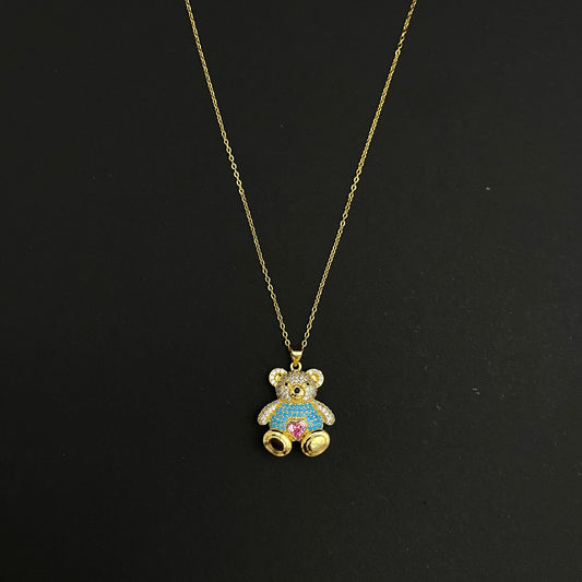 Golden Copper Stone Studded Blue Bear Pendant Necklace With Stainless Steel Chain - DropShp