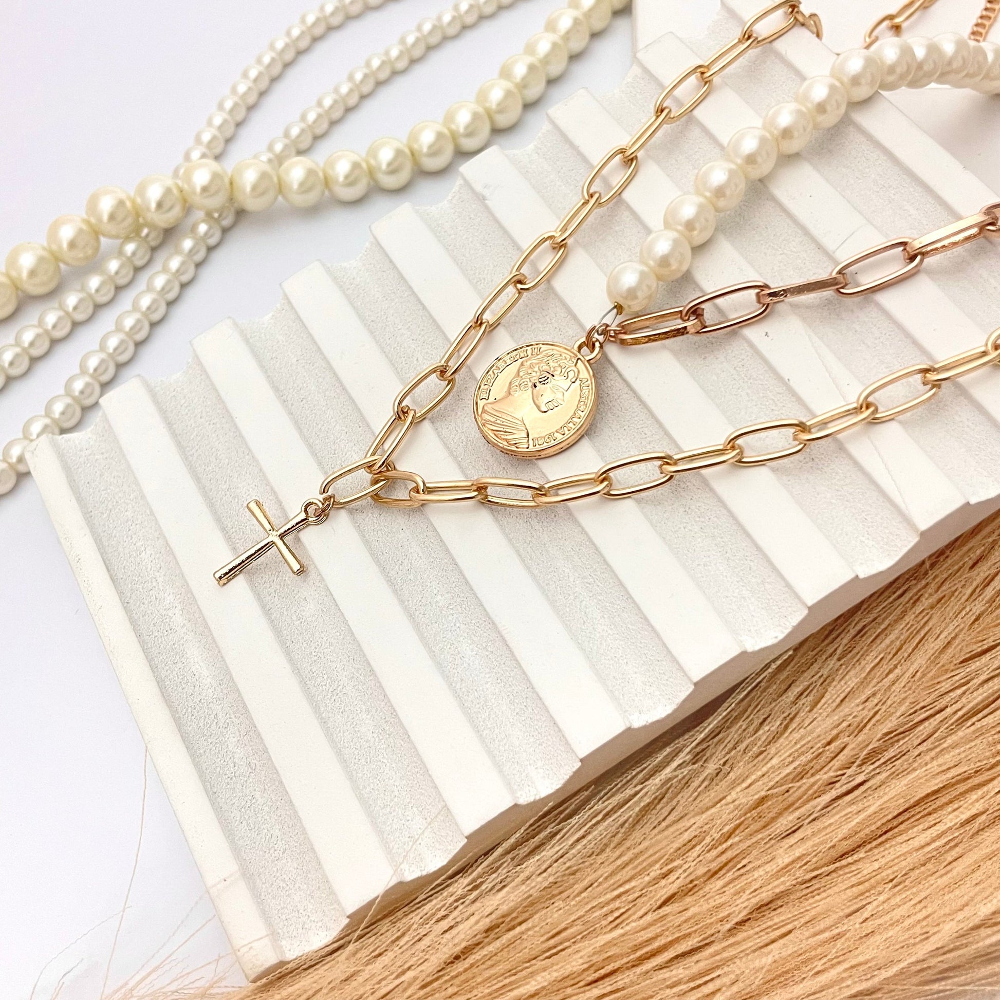Double Layered Coin With Cross Charm Necklace Perfect For Dailywear - DropShp