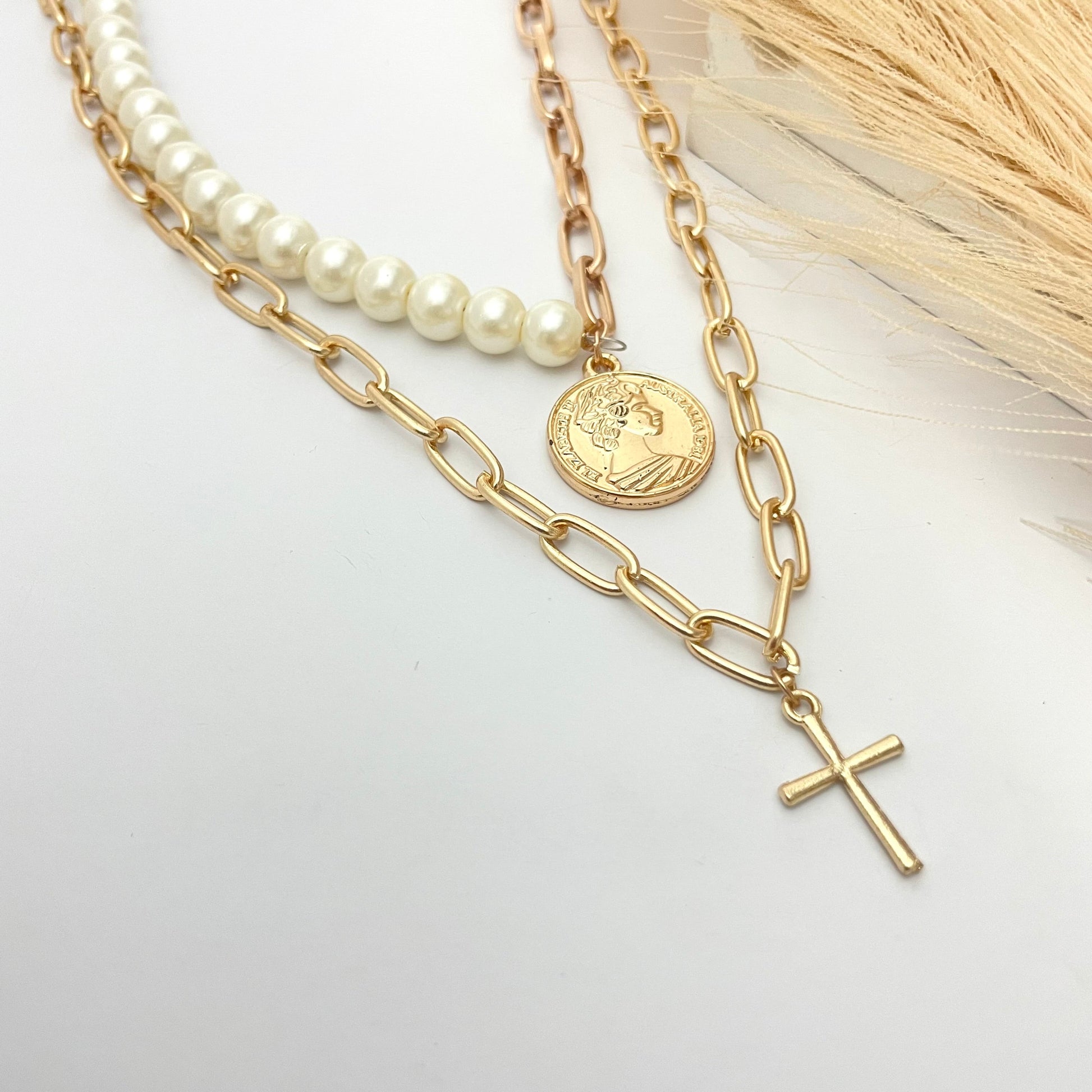 Double Layered Coin With Cross Charm Necklace Perfect For Dailywear - DropShp