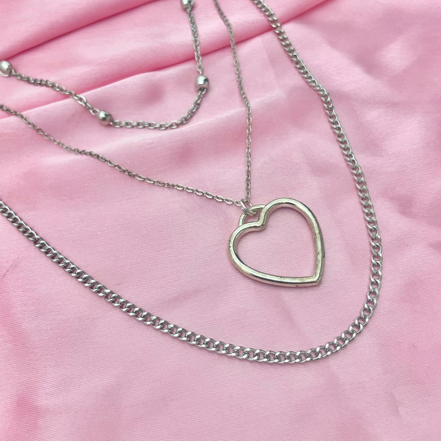 Silver Triple Layered Necklace With Heart Charm - DropShp