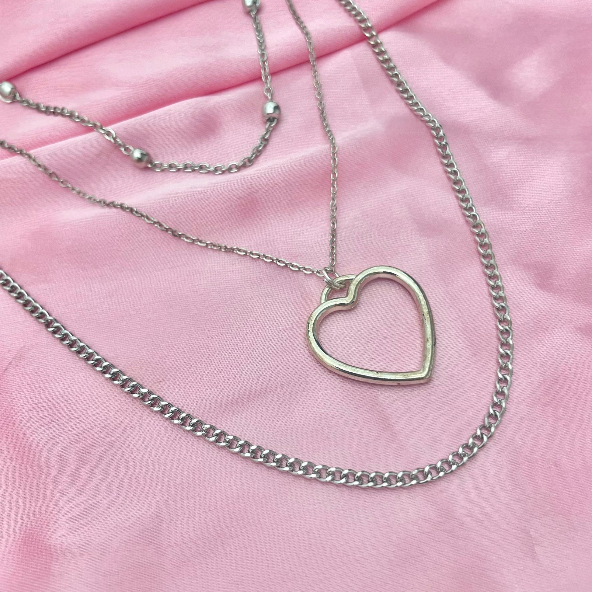 Silver Triple Layered Necklace With Heart Charm - DropShp