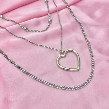 Silver Triple Layered Necklace With Heart Charm - DropShp