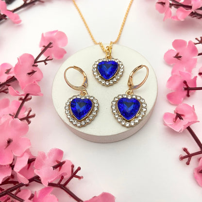 Cute Crystal Blue Heart Charm Huggies & Necklace Combo Perfect For Dailywear - DropShp